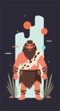 Güçlü ve heybetli bir mağara adamı, kalın sakallı, hayvan kürklü ve peştamallı, stil sahibi ilkel bir dağ manzarasında duruyor..