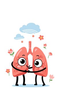 Pembe çiçekler ve yumuşak bulutlarla sıcacık kucaklaşan neşeli insan ciğerleri sağlığı ve taze nefes almayı sembolize ediyor..