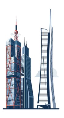 Camdan cepheli üç farklı gökdelenin ve mavi gökyüzüne karşı uzun bir telekomünikasyon kulesinin yer aldığı modern şehir silueti..