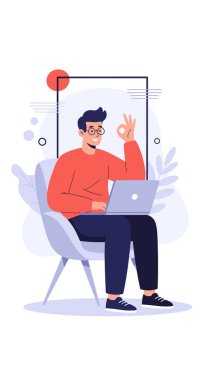 Gözlüklü genç adam modern bir sandalyede rahat bir şekilde oturuyor dizüstü bilgisayarda çalışıyor ve iyi bir el hareketi yapıyor..