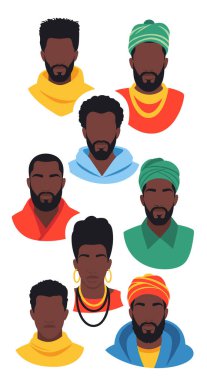 Çeşitli saç stilleri, renkli başlıkları ve kıyafetleri olan erkek ve kadınların yer aldığı çeşitli portreler..