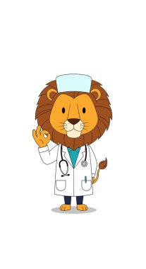 Beyaz önlük ve steteskop giymiş doktor kılığındaki profesyonel aslan karakteri iyi bir el hareketi yapıyor..