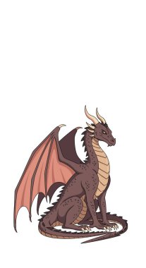 Büyük kanatları ve boynuzları olan görkemli koyu kahverengi ejderha beyaz bir arka planda zarif bir şekilde oturuyor..