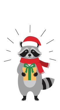 Kırmızı Noel Baba şapkası ve eşarp giymiş şirin bir rakun elinde yeşil kurdeleli sarı bir Noel hediyesi kutusu tutuyor..