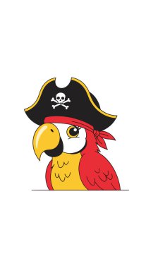 Beyaz kafatası sembollü siyah bir korsan şapkası ve beyaz arka planda kırmızı bir bandana takan sevimli bir papağan kafası..