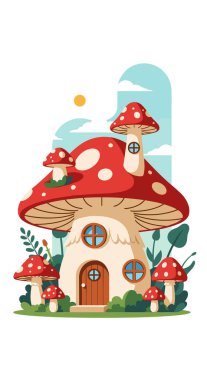 Ormanda kırmızı benekli bir çatısı olan mantar evi. Parlak güneş ve mavi gökyüzü çizgi film tarzında..