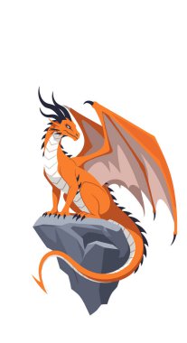 Siyah boynuzları ve geniş kanatları olan görkemli turuncu ejderha pürüzlü bir kayanın üzerine tünemiş beyaz bir zemin üzerinde.