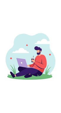 Çimlerin üzerinde dizüstü bilgisayar ve içecekle oturan bir adam bulutların altında sakin bir açık hava parkında çalışıyor..