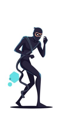 Siyah derili bir takım elbiseli sinsi hırsız ve maske takan dinamik çizgi roman tarzı bir sanat tarzıyla gölgelerin içinden geçiyor..