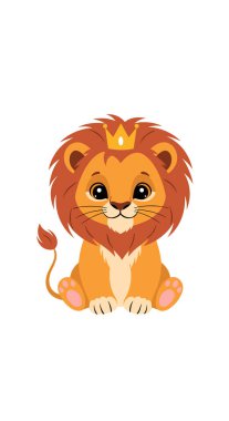 Kafasında küçük altın bir taç olan şirin yavru aslan yavrusu beyaz bir arka planda karikatür tarzında huzur içinde oturuyor..