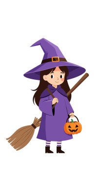 Mor cüppeli ve şapkalı genç cadı elinde süpürge ve balkabağı kabağı kabağı kabağı kabağı kabağı kabuğu ile beyaz arka planda.