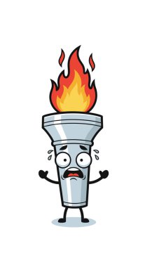 Korkak çizgi film karakteri, büyük anlamlı gözleri ve açık ağzıyla kendi parlak turuncu ve sarı alevine bakıyor..