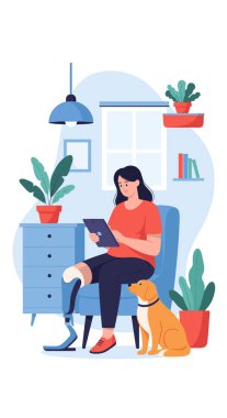 Protez bacaklı güçlü bir kadın mavi bir koltukta dijital tablet kullanarak otururken sadık köpeği evde onu bekliyor..