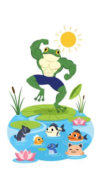 Şortlu, kaslı, antropomorfik yeşil kurbağa, renkli, meraklı balıklarla çevrili bir göldeki nilüfer yaprağında güçlü bir poz verir..