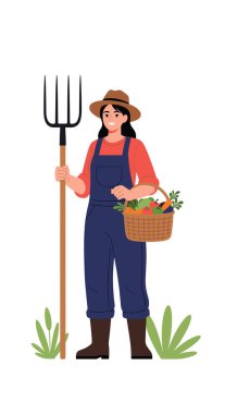 Mavi tulumlu ve kahverengi şapkalı gülümseyen kadın çiftçi elinde yaba tutarken taze sebze hasadını gururla sergiliyor..