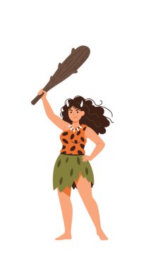 Tarih öncesi mağara kadını karakteri leopar desenli bir kıyafet giyiyor ve elinde tahta bir sopayla güvenle ayakta duruyor..