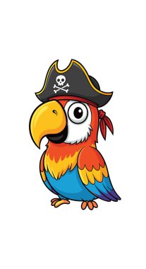 Siyah kafatası, çapraz kemik şapkası ve beyaz arka planda kırmızı bir bandana takan korsan kılığına girmiş renkli bir papağan..