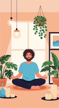 Kıvırcık saçlı bir adam meditasyon pozisyonunda oturuyor sıcacık bir odada bir sürü bitki süslenmiş ve mum yakıyor..