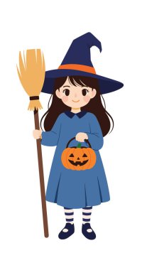 Mavi elbiseli, şapkalı, elinde süpürge ve oyulmuş balkabağı kovası olan cadı kılığında küçük bir kız..