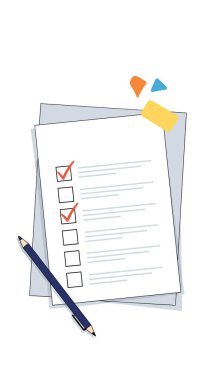 Mavi kalemli ve beyaz arkaplanda renkli soyut aksanlı panodaki işaretli kutuların yer aldığı kontrol listesi.