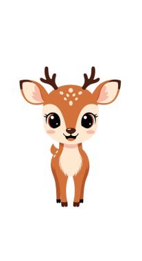 Büyük siyah gözleri ve beyaz benekleri olan sevimli genç geyik sevimli bir çizgi film tarzında beyaz bir arka planda huzur içinde duruyor..