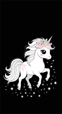 Pembe çiçekli tek boynuzlu sihirli beyaz at ve yıldızlar siyah bir zeminde hoplayıp zıplıyorlar..