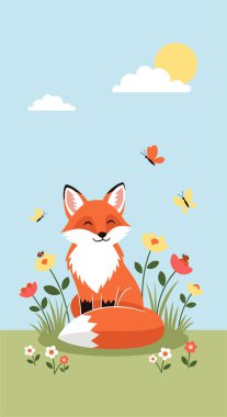 Sevimli kızıl tilki, renkli çiçekler, kelebekler ve küçük uğur böcekleriyle çevrili bir çayırda huzur içinde oturur..