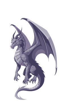 Büyük kanatları ve keskin boynuzları olan güçlü mor ejderha, düz beyaz arka planda ayakta duran bir poz içinde tasvir edilir..