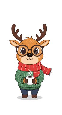 Gözlük takan akıllı ren geyikleri ve sıcak yeşil bir kazak çizgili kırmızı bir eşarp takarken dumanı tüten bir fincan kahve tutuyor..