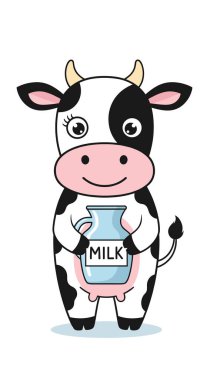 Siyah benekli şirin bir çizgi film ineği beyaz bir arka planda büyük bir cam sürahi taze süt tutar..