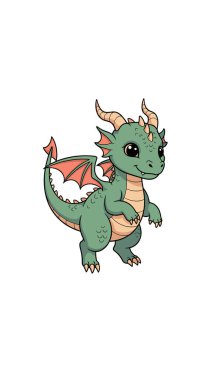 Boynuzları ve küçük kanatları olan küçük yeşil yavru ejderha şirin bir çizgi film çiziminde beyaz arka planda gülümsüyor..