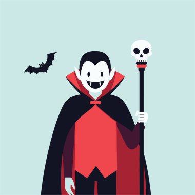 Küçük bir yarasa arka planda uçarken kırmızı ve siyah pelerinli şirin vampir karakteri kafatası asası tutuyor..