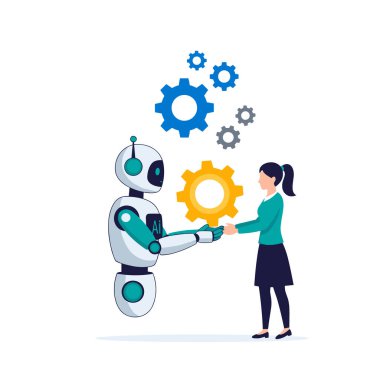 İnsan kadın ve yapay zeka robotu, gelecekteki teknolojiyi temsil etmek için büyük bir sarı dişliyi bir arada tutarak işbirliği yapıyorlar..