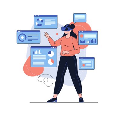 Sanal gerçeklik kulaklığı takan ve yüzen dijital çizelgeler ve veri grafikleriyle etkileşime giren profesyonel bir kadın..