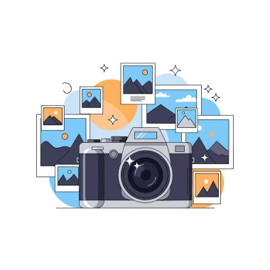 Günbatımında dağ manzaraları ve manzara manzaralarını tasvir eden yüzen polaroid fotoğraflarla çevrili modern dijital kamera.