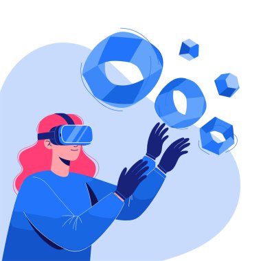 Sanal gerçeklik gözlüğü takan genç bir kadın dijital ortamda yüzen mavi 3D geometrik şekillerle etkileşimde..