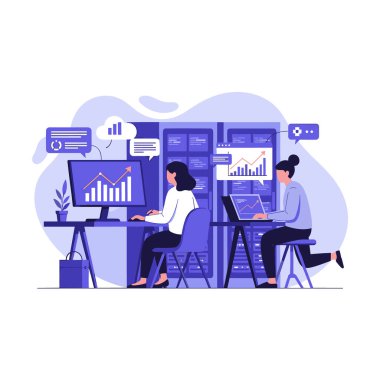 Bilgi teknolojisi uzmanları sunucu odasında dizüstü bilgisayarlar ve monitörler üzerinde veri tabloları ve ağ ekranlarıyla çalışıyorlar.