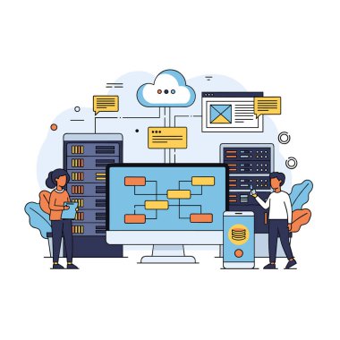 Sunucu rafları, bulut bağlantıları ve dijital ağ altyapısı olan modern bir veri merkezinde çalışan bilişim uzmanları ekibi.