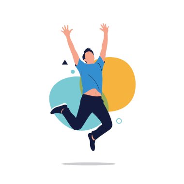 Renkli geometrik şekiller ve beyaz arkaplandaki noktalar karşısında sevinç ve heyecanla zıplayan adam..