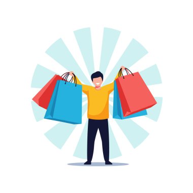 Satış ve neşe simgelerini temsil eden mavi güneş ışığına karşı elinde renkli alışveriş torbaları tutan mutlu bir adam..