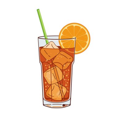 Buzlu çay ya da gazozu tazeleyen taze bir portakal dilimi ve parlak yeşil bir pipetle süslenmiş..