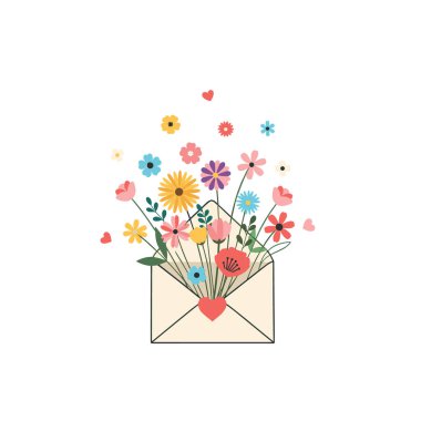 Rengarenk çiçeklerden oluşan güzel buket, romantik bir hediye olarak küçük kırmızı kalplerle süslenmiş krem rengi bir zarftan fışkırıyor..