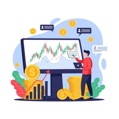 Akıllı yatırımcı, altın para yığınları ve başarı için mali büyüme göstergeleriyle çevrili büyük ekranda borsa eğilimlerini izliyor.