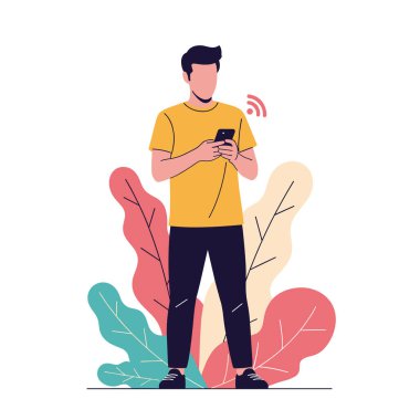 Sarı tişörtlü genç adam dışarıda duruyor. Yakınlarda kablosuz sinyal simgeleriyle akıllı telefonuna bakıyor. Mobil bağlantıyı temsil ediyor..