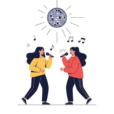 İki hevesli kadın, eğlence için havada süzülen notalarla parlayan bir disko topunun altında birlikte karaoke yapıyor..