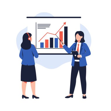 Mavi takım elbiseli iki profesyonel kadın beyaz tahtanın önünde durup iş büyümesi ve istatistiksel veri grafikleriyle ilgili bir sunum yapıyor..