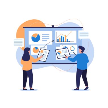 Modern bir ofisteki toplantı sırasında büyük bir sunum tahtasında karmaşık iş veri grafikleri ve grafiklerini analiz eden profesyonel bir ekip..