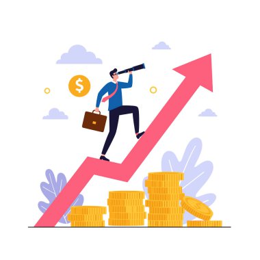 Teleskopu olan hırslı bir işadamı, altın para yığınlarının üzerinde yükselen kırmızı bir oka tırmanıyor. Bu da başarı ve pazar büyümesini temsil ediyor..