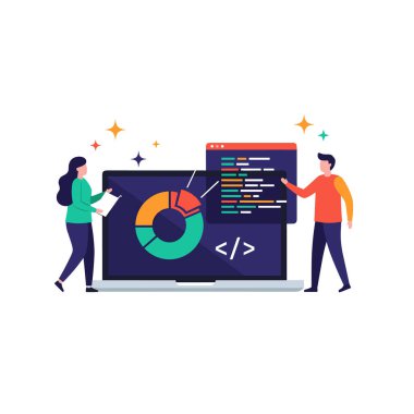 Renkli bir pasta grafiği ve karmaşık programlama kodları gösteren büyük bir dizüstü bilgisayar ekranı etrafında birlikte çalışan takım.