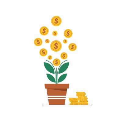 Seramik bir tencerede yetişen bitki üzerinde yükselen bir sürü altın para sürekli finansal büyüme ve başarıyı simgeliyor..